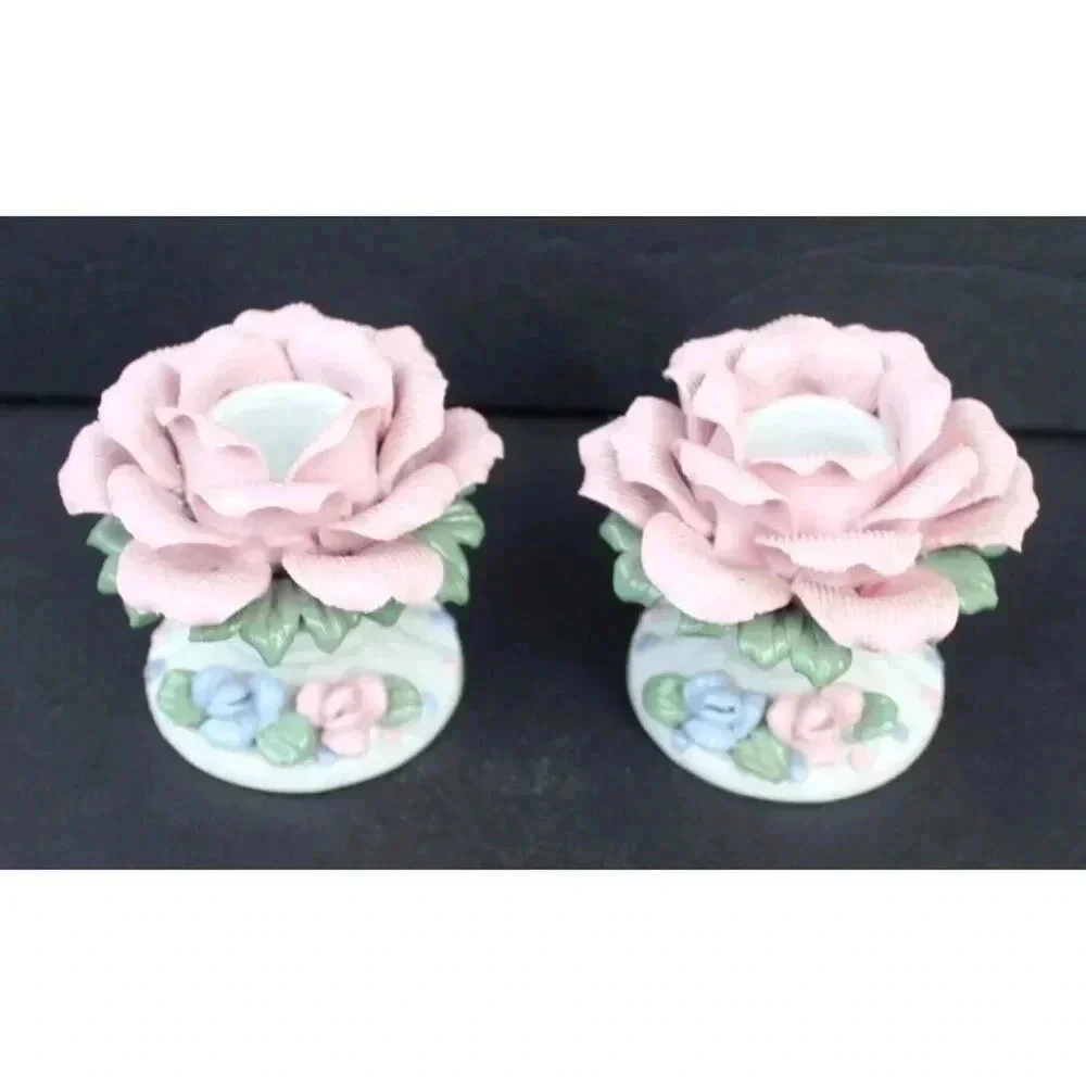 2 Vintage PINK & BLUE Porcelain Flower Victorian Candlestick Holder Decor